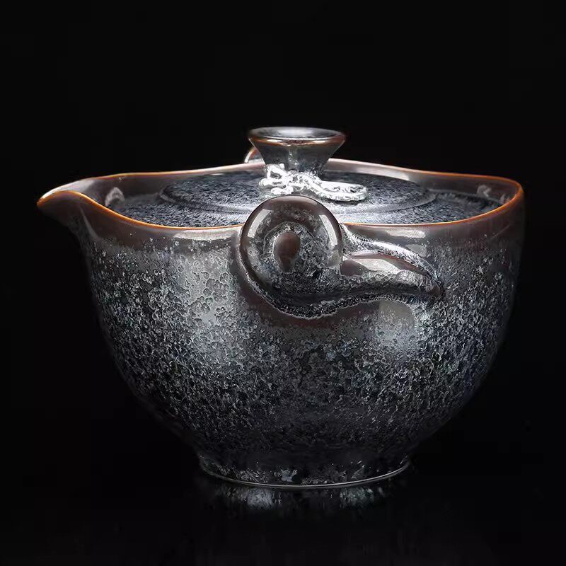 甲盏窑 李甲栈天目瓷陶瓷手工纯银镶嵌茶壶手抓陶瓷盖碗