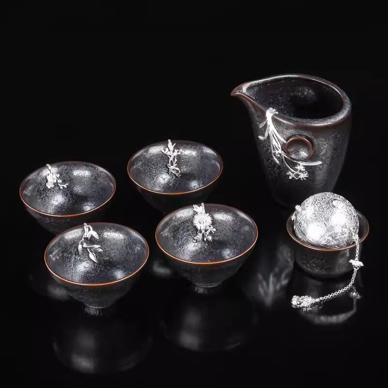 甲盏窑李甲栈天目银瓷盏功夫茶具套装梅兰竹菊公道杯高档整套