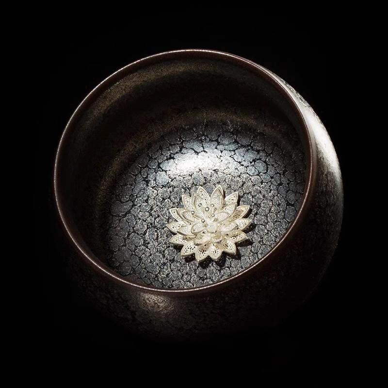 甲盏窑 李甲栈天目能量盏银饰茶杯品茗杯陶瓷盏茶杯功夫主人杯
