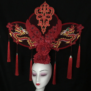 中国古风秀禾模特走秀创意个性夸张大气红色流苏彩妆舞台演出头饰
