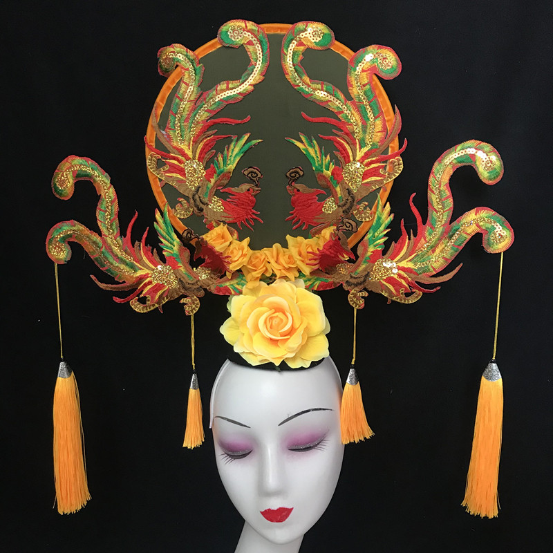 中国风黄色刺绣流苏夸张模特走秀舞台演出创意妆造型比赛时尚头饰