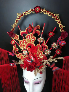 中国风红色夸张模特走秀舞台彩妆创意造型网红拍照刺绣流苏头饰女