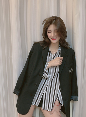 潮牌well11done宽松小西装外套女2025秋新款秋超火港风BF黑色西装