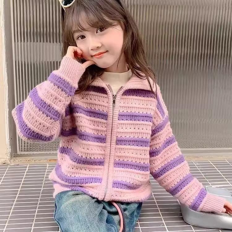 女童春装毛衣外套2025新款小女孩不起球线衣秋季针织拉链春秋开衫