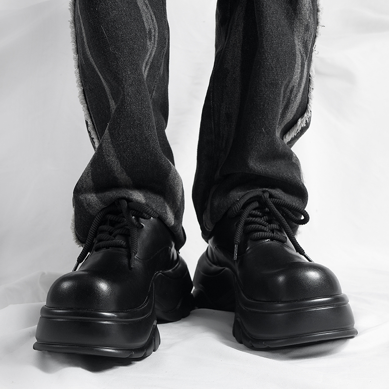 小众巴黎厚底德比鞋男增高全黑色英伦松糕皮鞋黑武士运动老爹鞋
