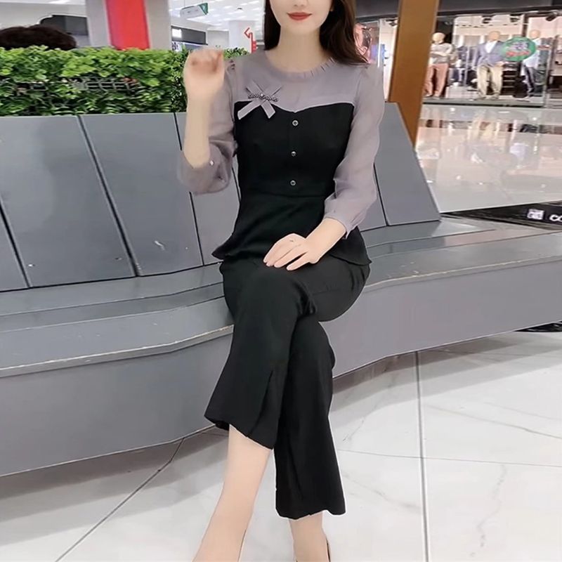 时尚套装女2025早秋新款气质遮肚显瘦拼接雪纺衫上衣阔腿裤两件套