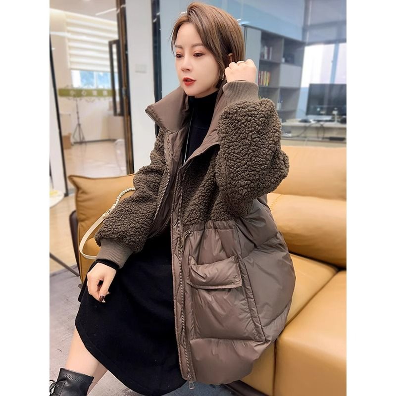 棉衣女冬季时尚拼接羊羔毛棉服宽松大码保暖百搭棉袄外套女中长款