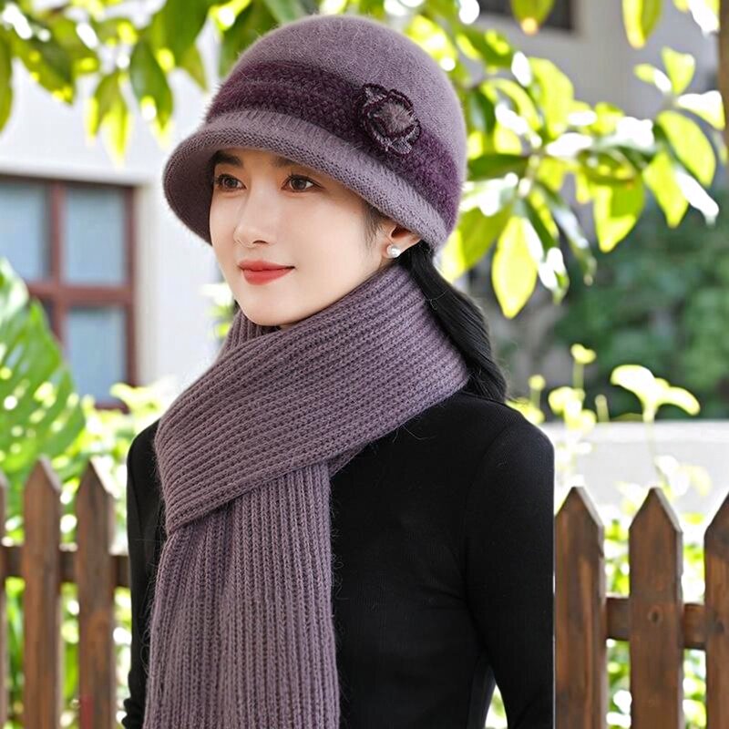 贵妇帽冬季女士新款优雅花朵妈妈帽子围巾两件套高级感中老年保暖
