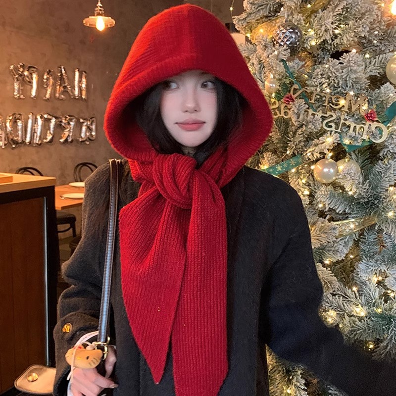 红色保暖毛线帽子冬季女26新款围巾一体连帽围脖针织帽高级感头套