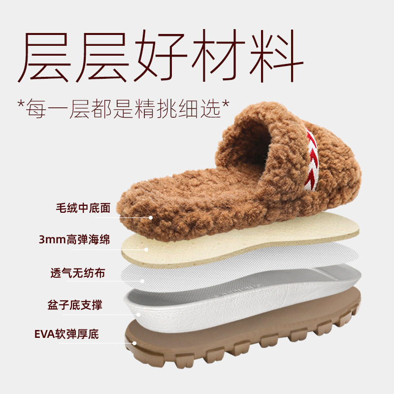 秋冬新品户外穿复古织带泰迪毛绒棉拖鞋女洋气时尚防滑办公室露趾