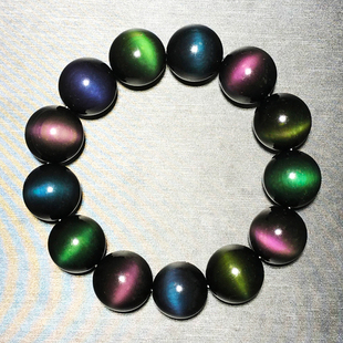 精品天然彩虹眼黑曜石手链彩眼猫眼石手串男士 女108颗貔貅佛珠