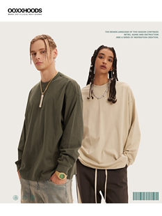 欧美高街潮牌打底衫 T恤 重磅305G大地色oversize宽松纯色情侣长袖