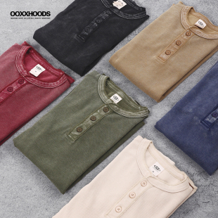 T恤衫 正肩版 亨利领口华夫格蜡染洗水做旧不规则下摆纯棉打底长袖