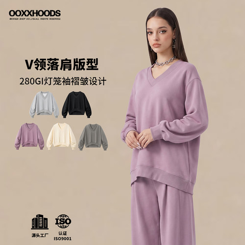 【V领泡泡袖抽褶】短款绒潮卫衣