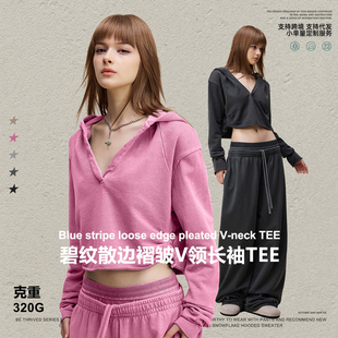 ski辣妹spicy女装 露脐纯欲纯色套头 碧纹连帽散边褶皱V领卫衣长袖