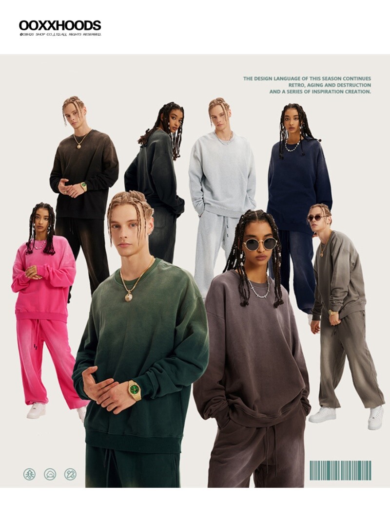 高街复古vintage喷马骝渐变卫衣套装美式重磅刷毛绒宽松束脚裤潮