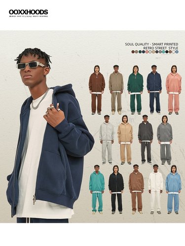 美式加绒双拉链侃爷连帽开衫卫衣