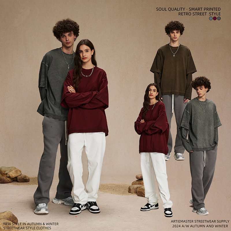 战地废土色反底炒色脏染洗水做旧磨破tee假两件宽松os慵懒长袖T恤