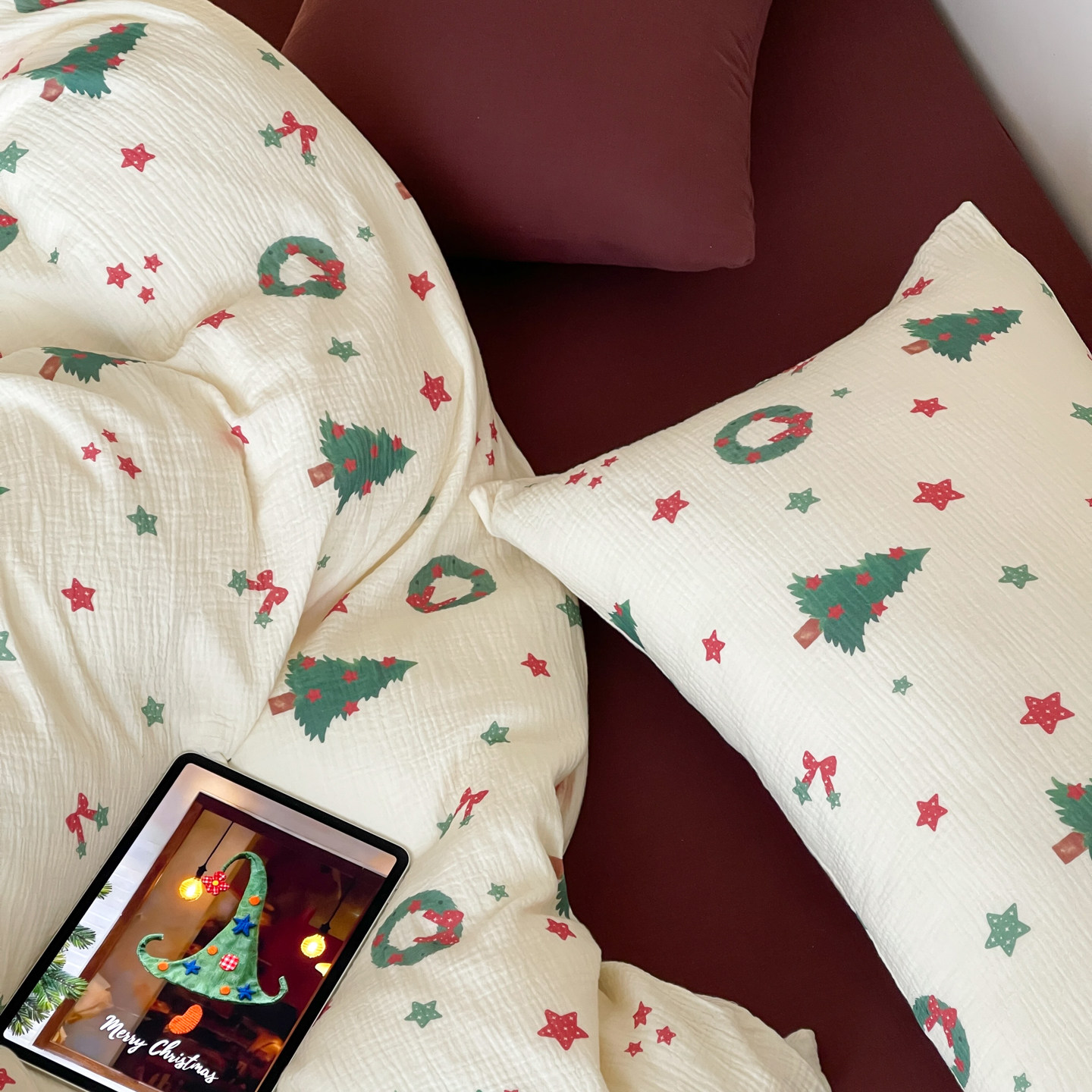 A类母婴级皱皱双层纱圣诞树床品四件套纯棉全棉被套床单床上用品4