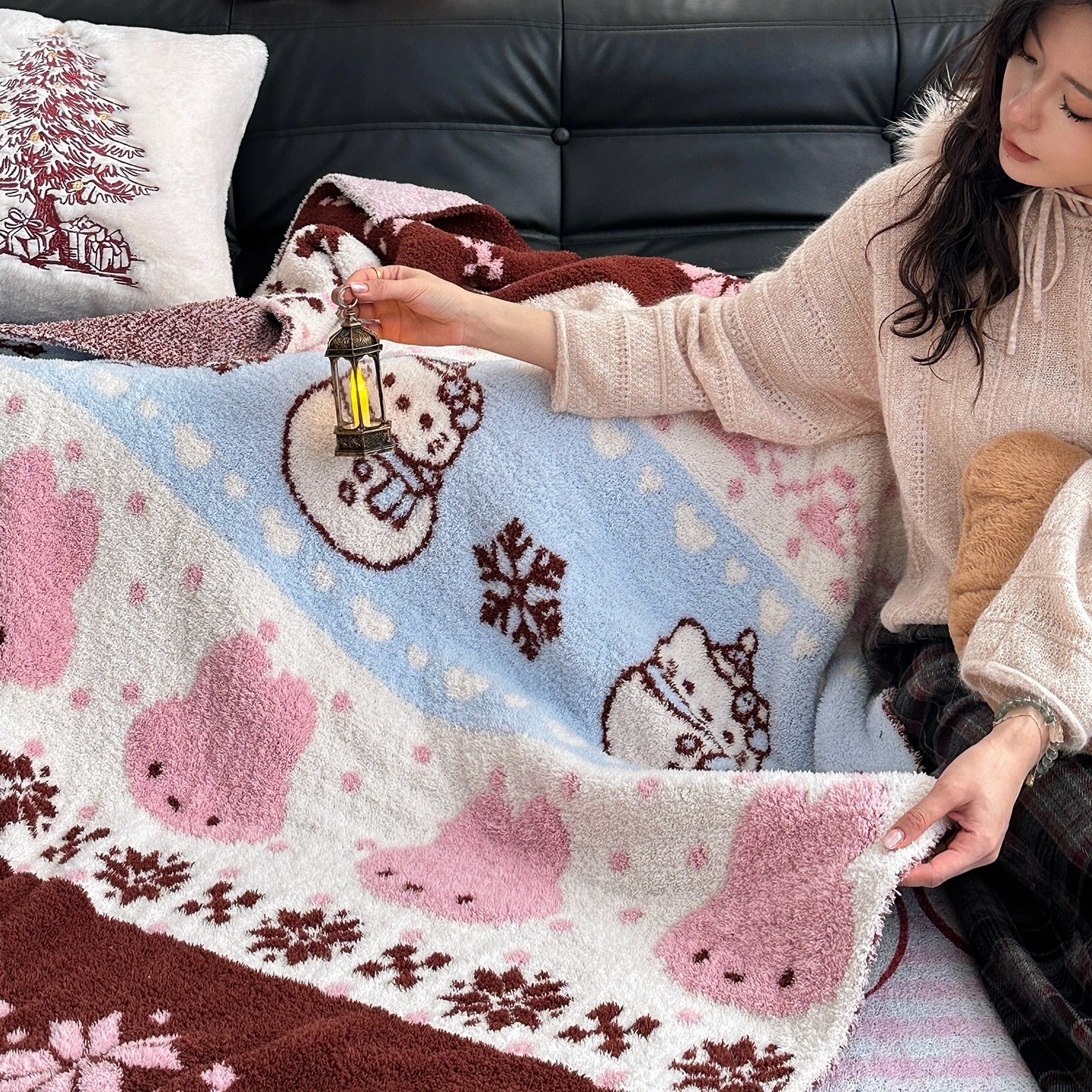 ins圣诞氛围毛毯冬季半边绒午睡毯子加厚沙发用盖毯办公室多功能