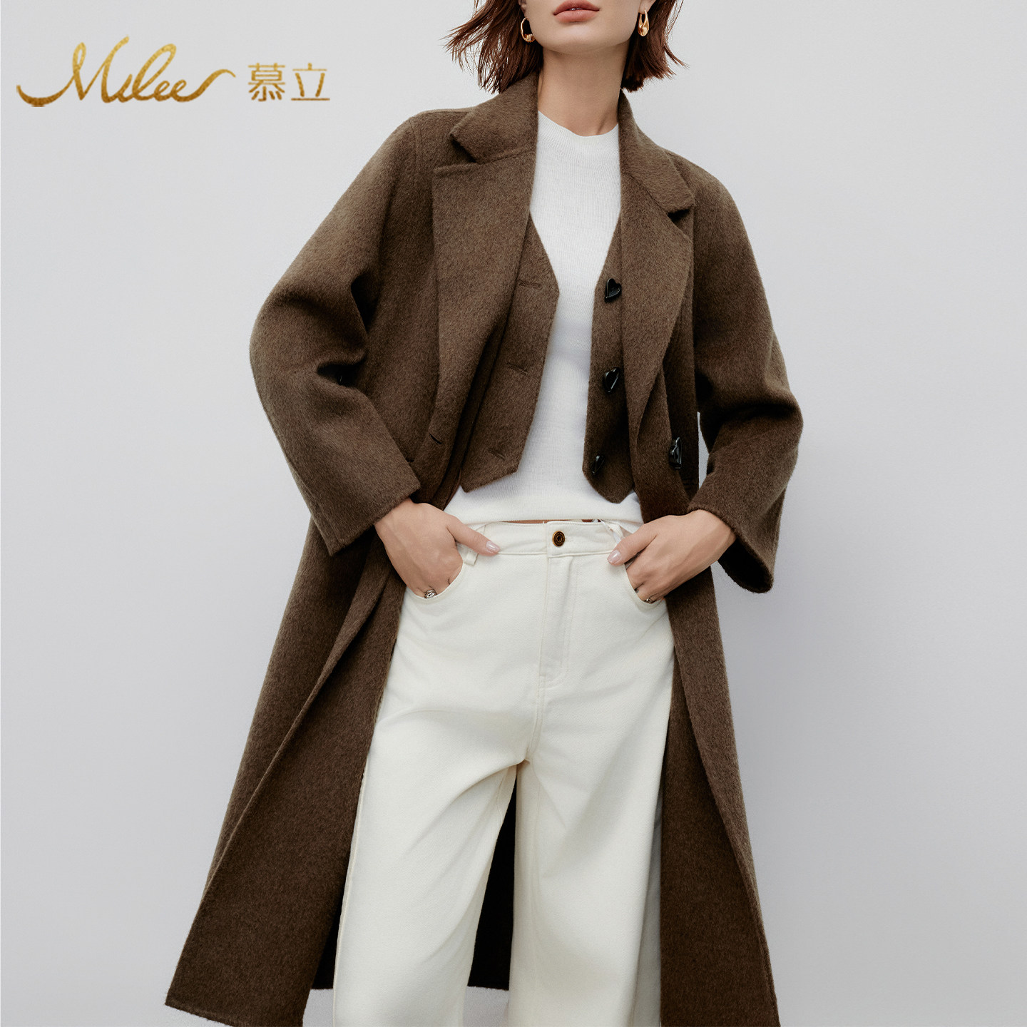 Mulee/慕立秋冬西装领羊毛呢外套2025新款女装修身假两件马甲大衣