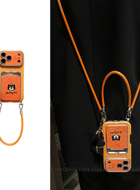 lizardhill 超火橙色可爱黑猫适用苹果17pro手机壳新款16全包iphone15promax女14pro斜挎可背带挂绳卡包软套