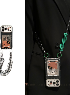 lizardhill 镜面可爱Kitty猫适用苹果17promax手机壳新款16pro女iphone15斜挎可调节背带挂绳14pro黑色13卡包