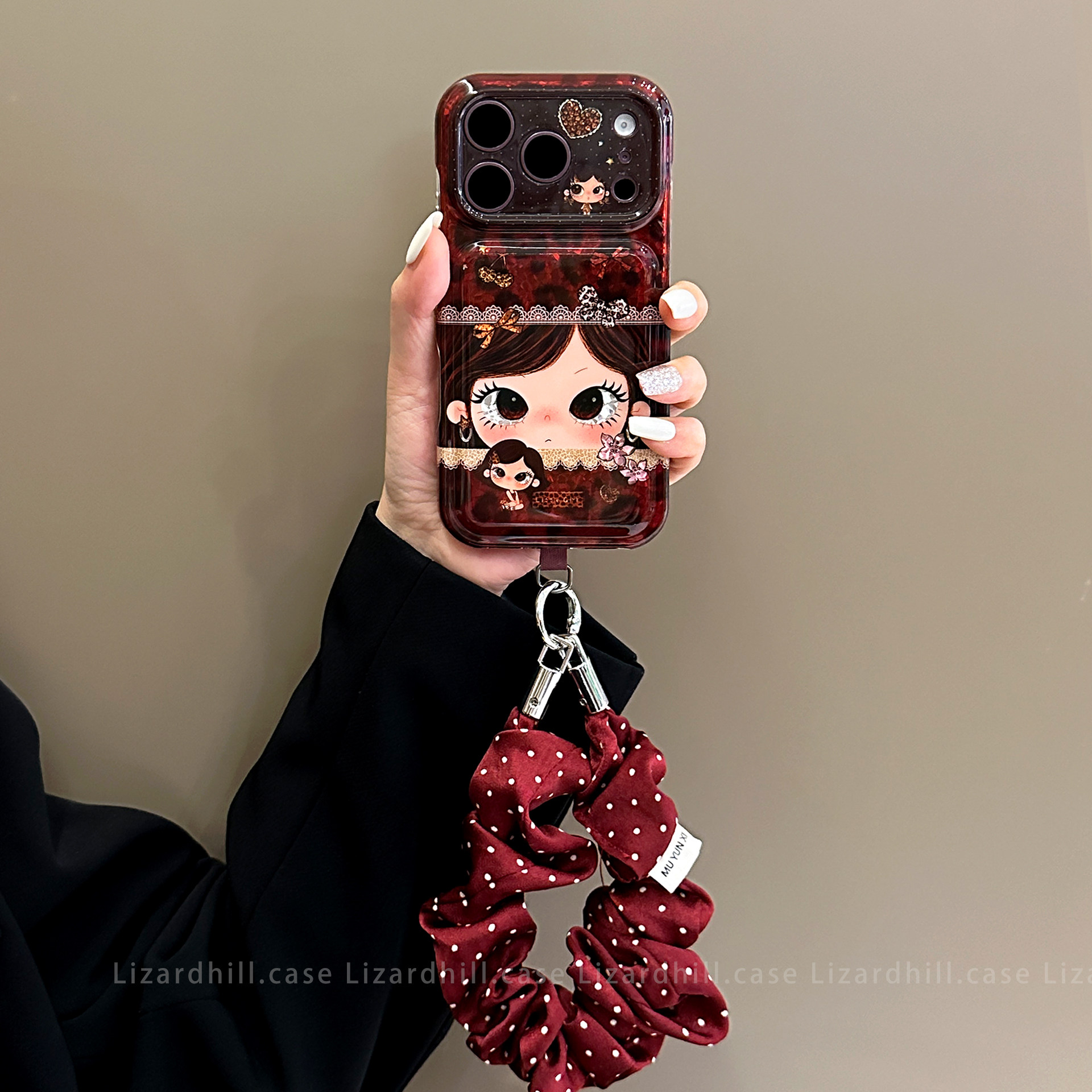 lizardhill 韩系酒红蕾丝小满适用苹果18promax手机壳iphone17pro新款少女16pro带挂绳15pro镜头全包防摔好看