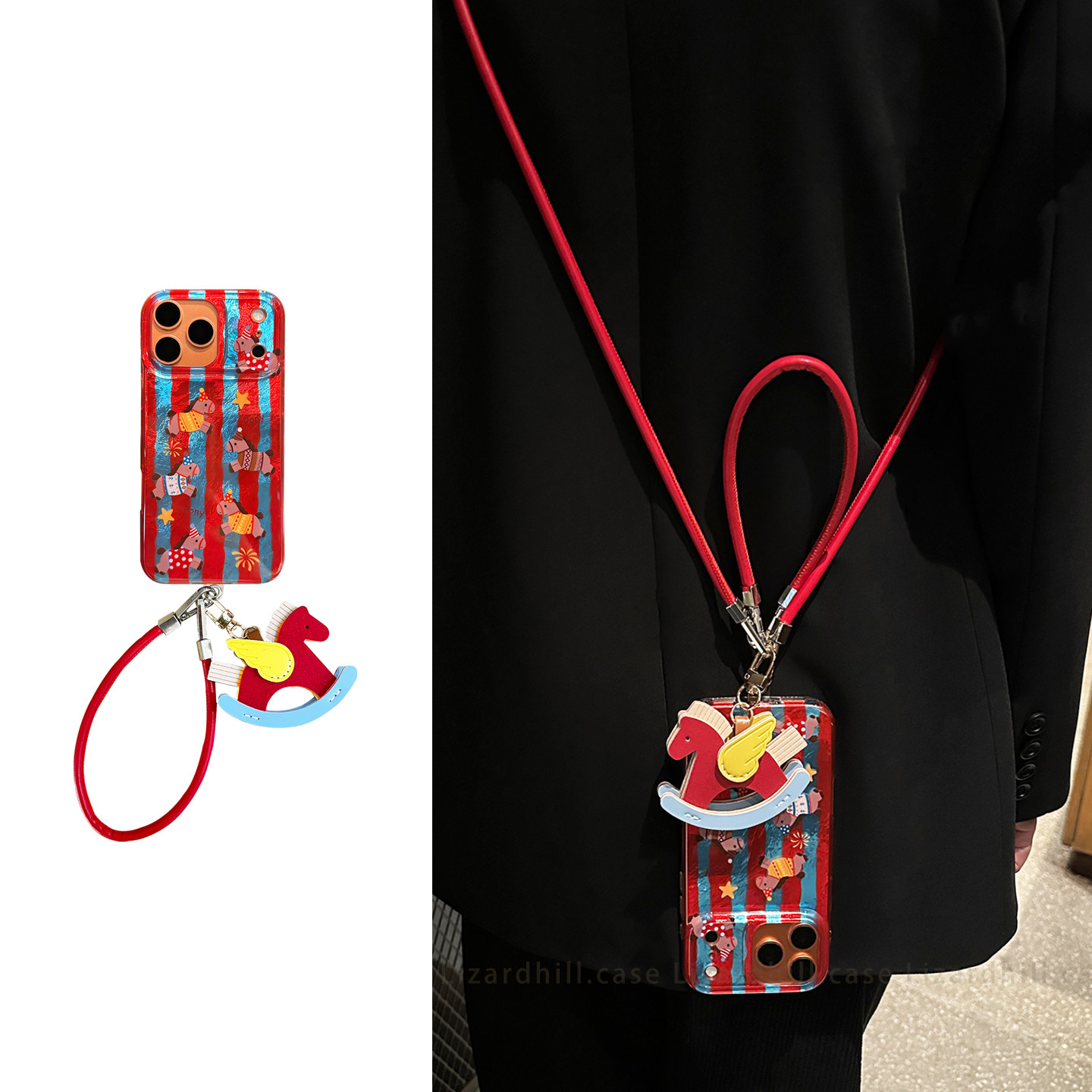 lizardhill 可爱红蓝条纹棕马适用苹果17promax手机壳女16pro新款iphone15斜挎可背带挂绳14挂件13马年本命年,3C数码配件,手机保护套/壳,淘宝优惠券,粉丝福利购,淘宝优惠卷