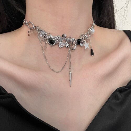 轻奢精致爱心珍珠花朵结星星铆钉流苏项链潮酷时尚朋克锁骨链