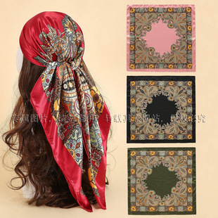 腰果印花丝巾女士欧美潮流百搭披肩色丁头巾90m方巾围巾