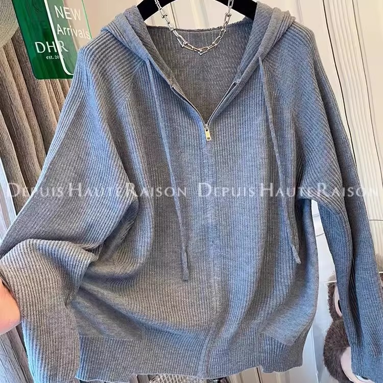 纯色竖纹拉链针织连帽上衣