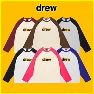 Drew 笑脸长袖比伯同款发泡字母印花情侣欧美拼接撞色打底衫T恤BF