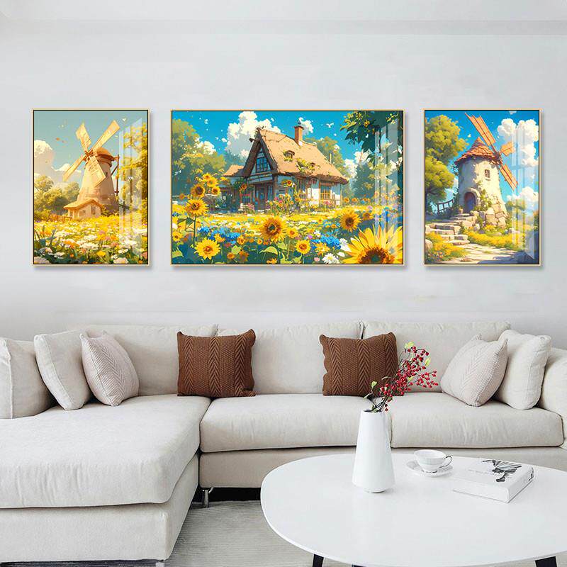宫崎骏挂画唯美风景客厅沙发背景墙装饰画动漫草原艺术三联壁画
