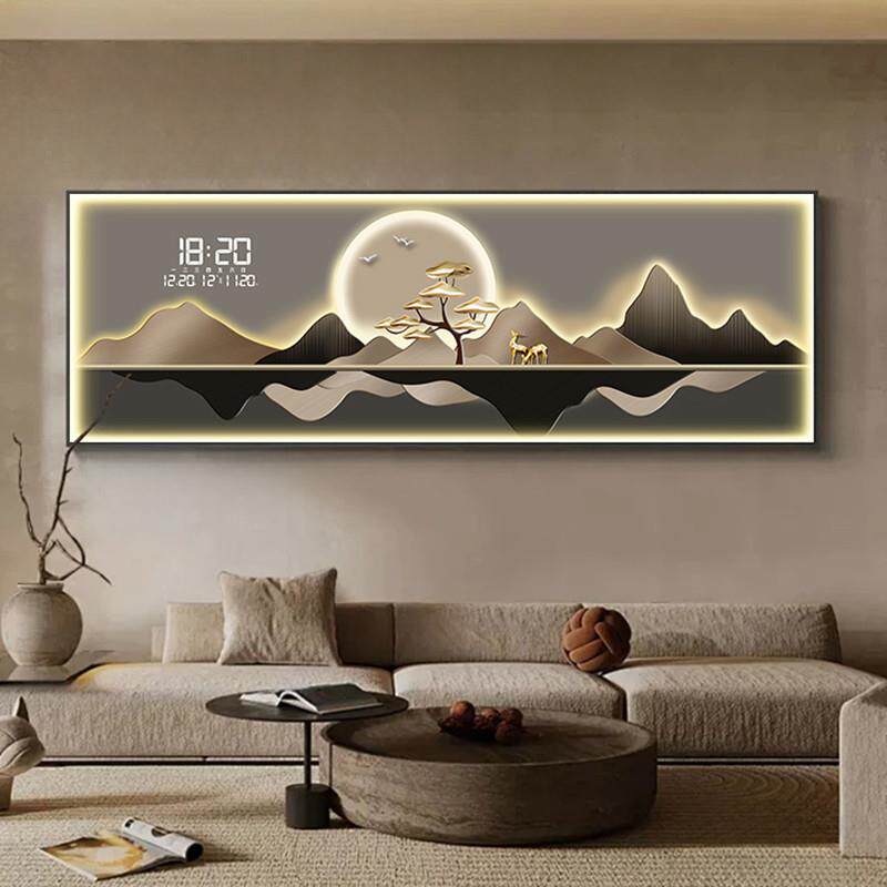 背有靠山客厅装饰画led时钟带农历茶室沙发背景墙壁灯画钟表挂钟