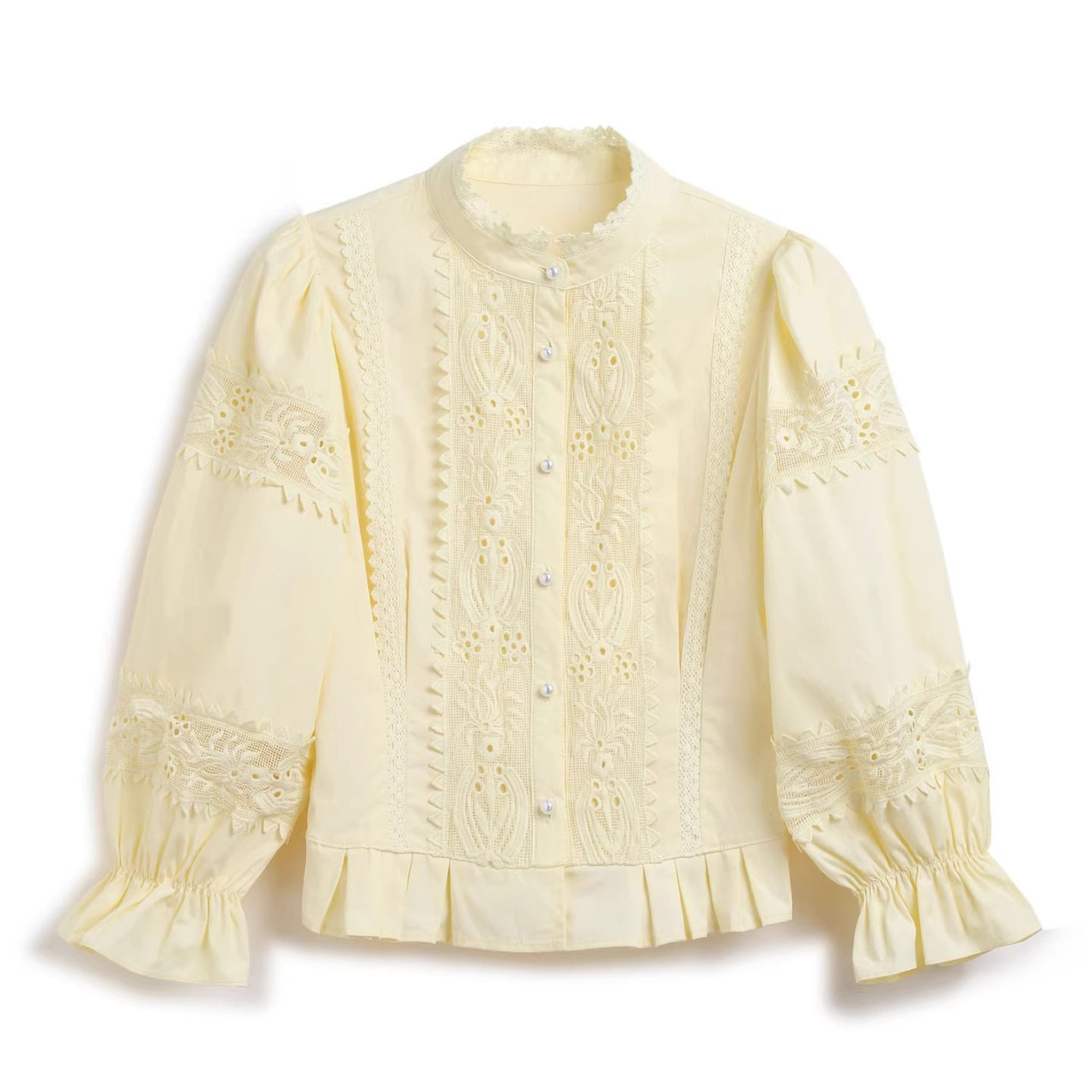 2026春新款法式宫廷风刺绣立领衬衫女长袖纯棉泡泡袖宽松显瘦上衣