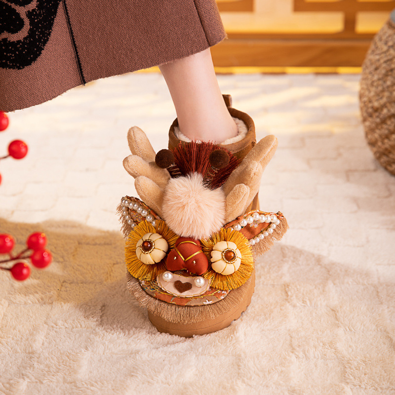 齐乐龙龙棉靴2024冬新款手工DIY可爱龙头贴布刺绣加绒民族风棉靴