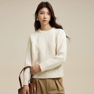 法丽定制粗棒针绞花100羊毛针织衫女秋冬复古提花宽松濮院毛衣厚