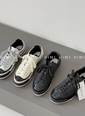 26ss新款小香风黑白熊猫拼色圆头系带厚底舒适休闲鞋女薄底板鞋女