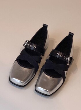 2026春季法式芭蕾风交叉带方头玛丽珍鞋女一字扣浅口运动平底单鞋