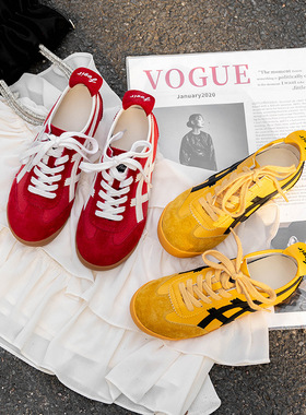 2026新款韩版百搭慢跑休闲运动鞋真皮复古红色德训鞋女
