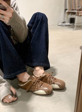 内增高休闲德训鞋女慢跑鞋拼色魔术贴玛丽珍蝴蝶结薄底运动赛车鞋