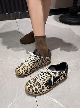 现货韩版复古做旧豹纹星星小脏鞋女薄底休闲板鞋女平底系带运动鞋