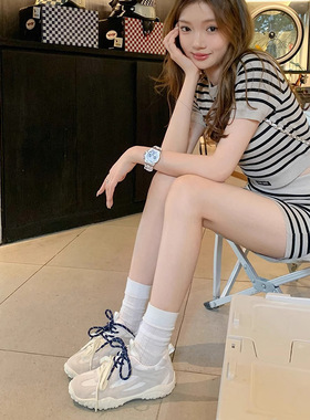 早春新款透气慢跑德训鞋百搭时尚薄款增高厚底运动鞋女牛皮