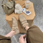 休闲鞋 现货真皮复古牛筋底懒人魔术贴德训鞋 女圆头拼接薄底板鞋 女