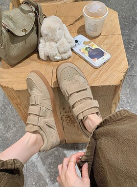 现货真皮复古牛筋底懒人魔术贴德训鞋女圆头拼接薄底板鞋休闲鞋女