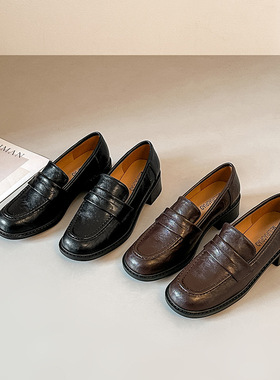 英伦复古懒人乐福鞋女鞋2026春季新款软皮粗跟单鞋小皮鞋百搭