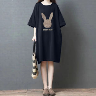 夏季2026新款宽松短袖慵懒风女装大码300斤过膝连衣裙韩版孕妇裙