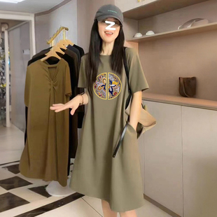 短袖 国风300斤大码 胖mm遮肉孕妇连衣裙宽松中长款 新款 女 2025夏季