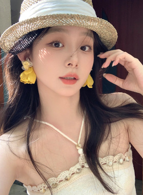 超仙绝美黄色花瓣流苏耳环女夏日海边度假风耳钉显脸小气质耳饰